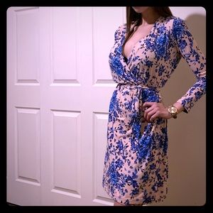 Floral pink and blue wrap dress